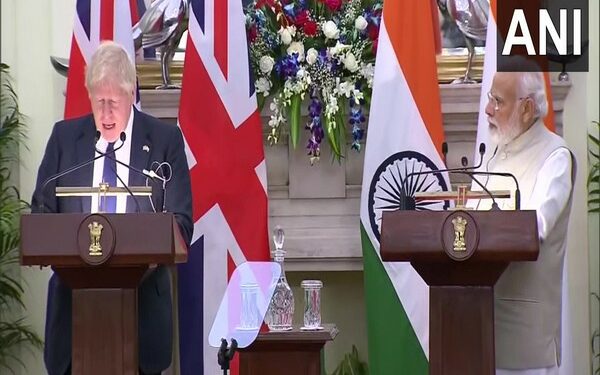 UK Prime Minister Boris Johnson and Indian Prime Minister Narendra Modi in a joint press conference at Hyderabad House (Photo Source: ANI)