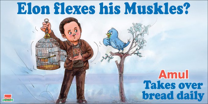 The ad by Amul is titled “Elon flexes his Muskles?” and “Amul takes over bread daily” (Photo Source: @Amul_Coop)