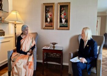 Finance Minister Nirmala Sitharaman in a meeting with CFLI Vice Chairman, Mary Schapiro (Photo Source: Twitter/@FinMinIndia)