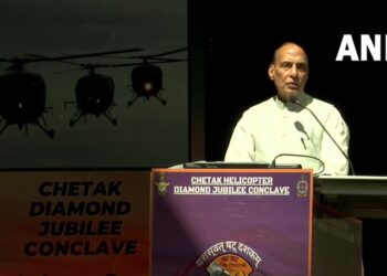 Defence Minister Rajnath Singh speaking at the Diamond Jubilee conclave of Chetak Helicopters in Hyderabad (Photo Source: ANI)