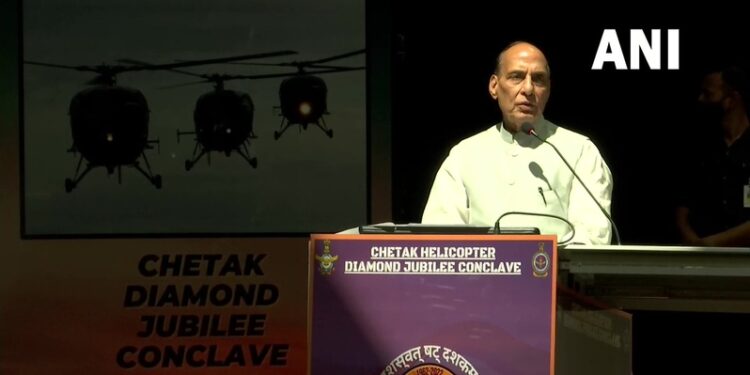 Defence Minister Rajnath Singh speaking at the Diamond Jubilee conclave of Chetak Helicopters in Hyderabad (Photo Source: ANI)