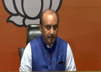 BJP national spokesperson Sudhanshu Trivedi while addressing a press conference in New Delhi (Photo Source: ANI)