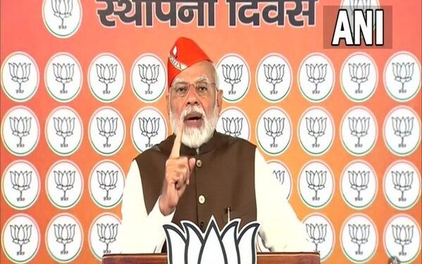 PM Modi addressing party workers on BJP's Foundation Day (Photo Source: ANI)