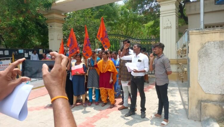 ABVP protesting in front of Annai Velankanni Nursing College