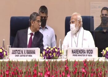 CJI N V Raman and Prime Minister Narendra Modi at the joint conference of CMs and Chief Justices of High Courts (Photo Source: ANI)