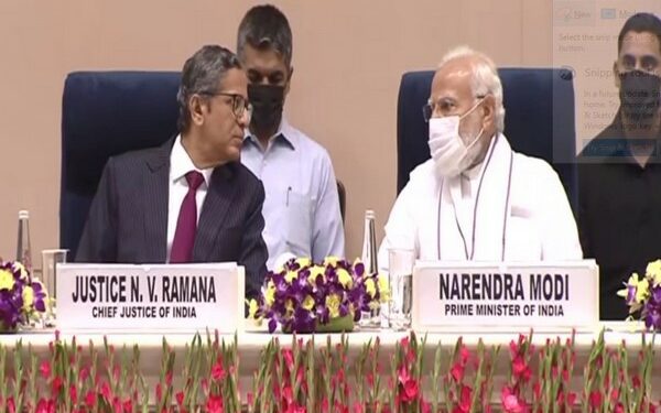 CJI N V Raman and Prime Minister Narendra Modi at the joint conference of CMs and Chief Justices of High Courts (Photo Source: ANI)