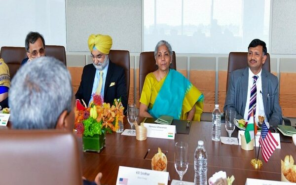 Union Finance Minister Nirmala Sitharaman in a with business leaders and investors co-hosted by the US-India Business Council (USIBC) and Confederation of Indian Industry (CII) in the Silicon Valley (Photo Source: Twitter/@FinMinIndia)