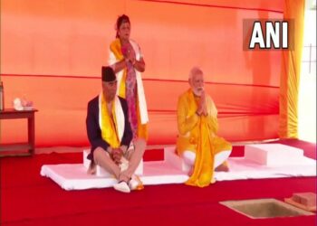 Prime Ministers Narendra Modi, Deuba laying foundation stone for India International Centre for Buddhist Culture in Lumbini (Photo Source: ANI)