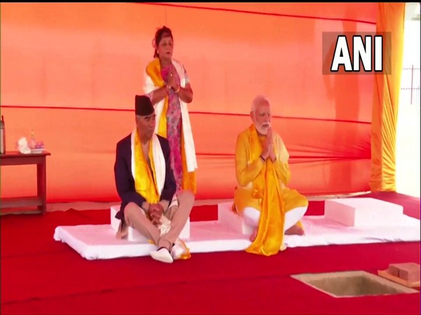 Prime Ministers Narendra Modi, Deuba laying foundation stone for India International Centre for Buddhist Culture in Lumbini (Photo Source: ANI)