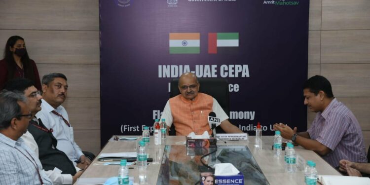 Commerce Secretary, BVR Subrahmanyam flagging off the first consignment of goods comprising Jewellery products from India to UAE under the India-UAE CEPA (Photo Source: ANI)