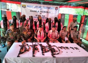 All Adivasi National Liberation Army (AANLA) surrendering to security forces at Bokajan in Assam's Karbi Anglong district (Photo Source: ANI)