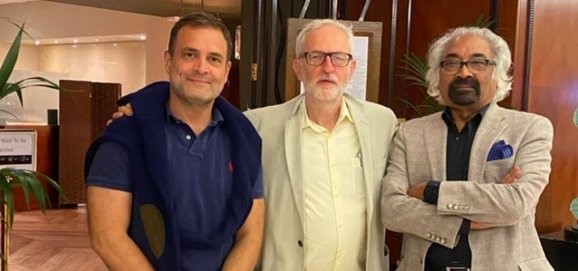 Rahul Gandhi and Sam Pitroda with Controversial leader Jeremy Corbyn