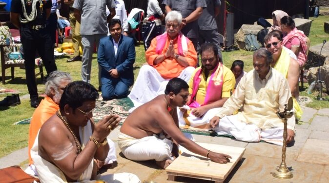 J-K LG Manoj Sinha participating in Navgrah Ashtamangalam Pooja at the Martand Sun Temple in Anantnag
