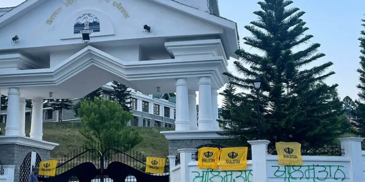 Khalistan flags on the Himachal Pradesh Assembly main gate and walls