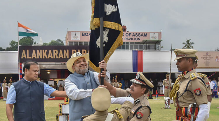 Union Home Minister Amit Shah presenting President's colour to Assam Police (Photo Source: PTI)