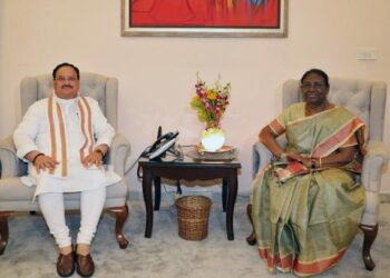Bharatiya Janata Party (BJP) National President JP Nadda meets with National Democratic Alliance (NDA) Presidential candidate Draupadi Murmu, at his residence, in New Delhi on Thursday. (ANI Photo/ ANI Pic Service)