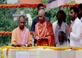 CM Yogi Adityanath laying the foundation stone for Ram Mandir's 'Garbha Griha' (Photo Source: ANI)