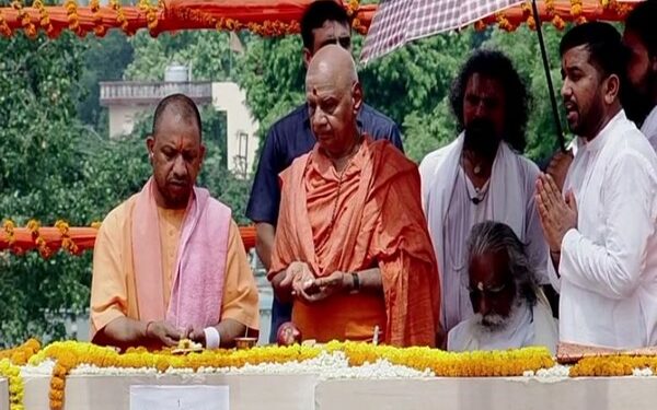 CM Yogi Adityanath laying the foundation stone for Ram Mandir's 'Garbha Griha' (Photo Source: ANI)