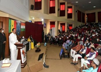 Vice President Venkaiah Naidu addressing Universite Cheikh Anta Diop (UCAD) students in Senegal (Photo Source: ANI)