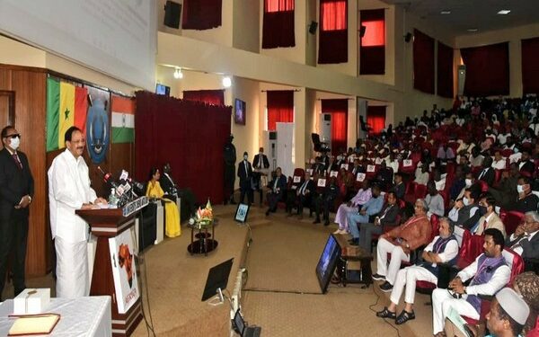 Vice President Venkaiah Naidu addressing Universite Cheikh Anta Diop (UCAD) students in Senegal (Photo Source: ANI)