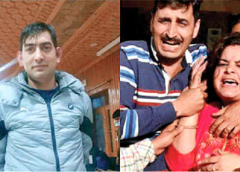 Rahul Bhat (L), a Kashmiri Hindu, was murdered by gun wielding Islamic terrorists in a highly secured Government building recently in Budgam district of Kashmir. Grieving relatives (R) of Rahul Bhat mourn his loss