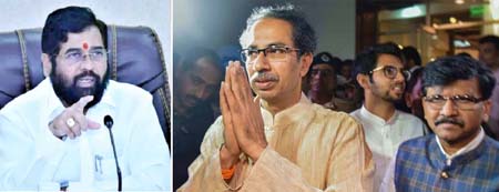 Eknath Shinde (left) has rebelled against Chief Minister Uddhav Thackeray (right)  Aaditya Thackeray and Sanjay Raut