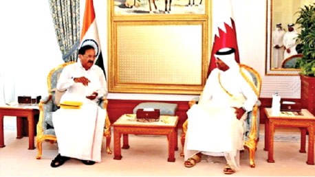 Vice President M Venkaiah Naidu in a discussion with  Qatar PM Sheikh Khalid bin Khalifa bin Abdulaziz Al Thani