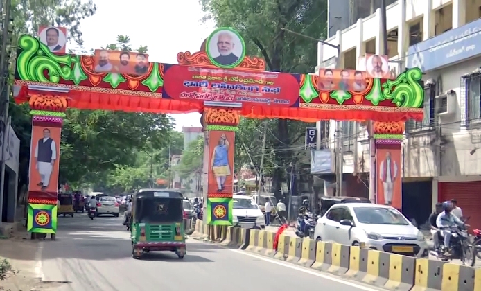 Banners and posters of Prime Minister Narendra Modi and BJP National President JP Nadda put up on a gate ahead of BJP's two-day national executive meeting on July 2-3, in Hyderabad on Friday. (ANI Photo/ ANI Pic Service)