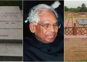 Former President K R Narayanan's tombs at Christian cemetry (L) and Rashtriya Smriti (R)