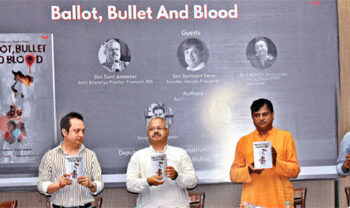 From left: Senior journalist Abhijit Majumder, RSS Akhil Bharatiya Prachar Pramukh Sunil Ambekar, founder of Garuda Prakashan Sankrant Sanu and author of the book Shivam Raghuvanshi