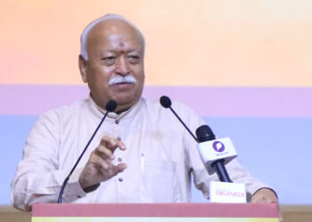 RSS Sarsanghchalak Dr Mohan Bhagwat addressing the gathering at Dr Ambedkar International Centre, New Delhi (Photo: Ashutosh Kumar)