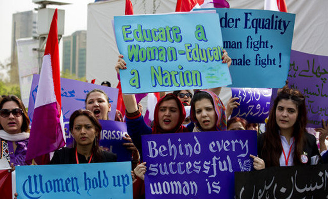 People take part in a rally to mark International Women's Day in Islamabad, Pakistan, Thursday, March 8, 2018. (AP Photo/B.K. Bangash)