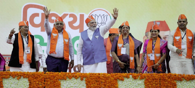 Prime Minister Narendra Modi and Gujarat CM Bhupendra Patel during an Election rally in Vadodara ahead of Gujarat Assembly elections
