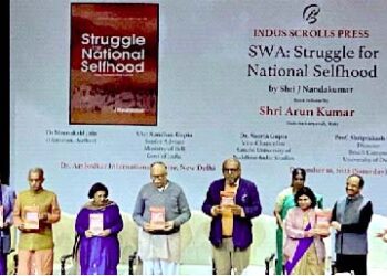 (L to R)I ndus Scrolls Managing Director G Sreedathan,National Convenor, Prajna Pravah,  J Nandakumar, historian Dr Meenakshi Jain,  RSS Sah Sarkaryavah Arun Kumar, Senior Advisor Ministry of  I & B  Kanchan Gupta ,   VC, Sanchi University of Buddhist Indic Studies,  Dr Neeraja Gupta and  Director, South Campus DU,   Prof Shriprakash Singh realeasing the book