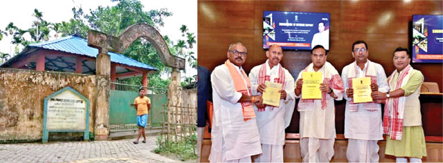 Patekibori Satra, Morigaon, the area which is under heavy encroachment by muslim migrant and Left to right: Commission member BJP MLA Mrinal Saikia, Chairman AGP MLA Pradip Hazarika, CM Himanta Biswa Sarma and BJP MLA Rupak Sarma and Political Secretary of CM and MP Pabitra Margherita while submitting the interim report