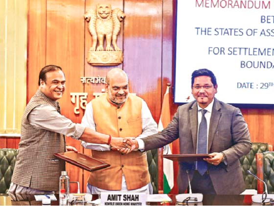 Union Home Minister Amit Shah,  Assam Chief Minister Himanta Biswa Sarma and Meghalaya Chief Minister Conrad Sangma sign pact to end border dispute