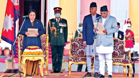 Maoist leader Pushpa Kamal Dahal Prachanda being sworn in as Nepal’s Prime Minister