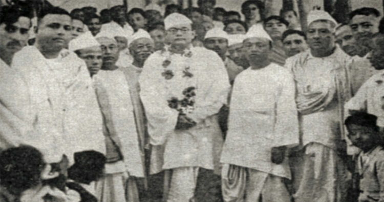 Netaji Subhas Chandra Bose with Congress leader Bishnuram Medhi, Kumudeswar Goswami, Dhiren Deb, Horikrishna Das, Golap Choudhury and Siddhinath Sarma during his visit to Assam