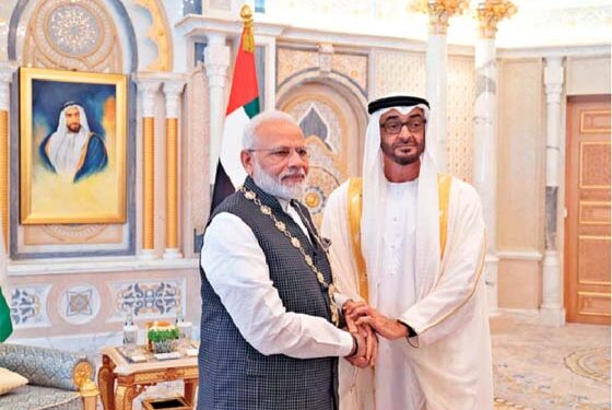 Cordial Relations: PM Narendra Modi receiving the Order of Zayed from Crown Prince of Abu Dhabi, Sheikh Mohamed bin Zayed Al Nahyan in Abu Dhobi