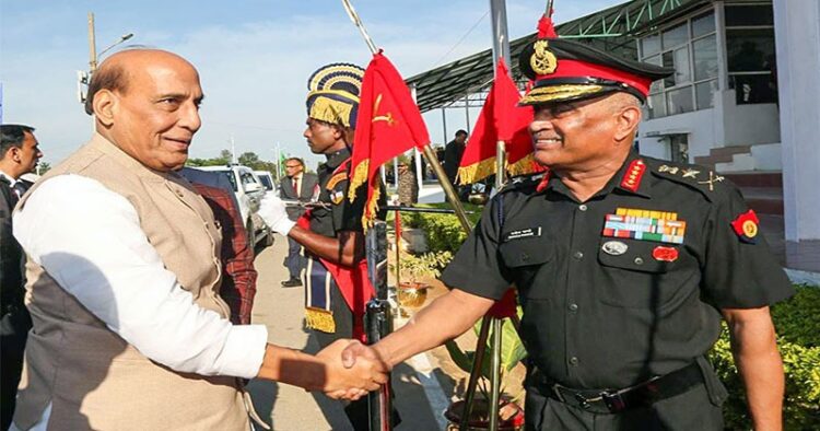 ( Defence Minister Rajnath Singh with Chief of Army Staff, General Manoj Pande during the 'Shaurya Sandhya’ event organised as part of 75th Army Day celebrations, in Bengaluru on January 15 )