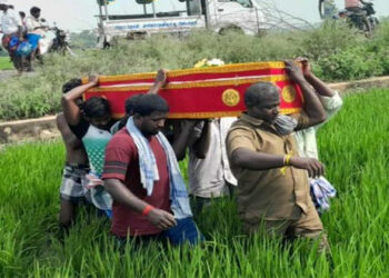 Dalit people carry deadbody for cremation wading through paddy field in Tamil Nadu