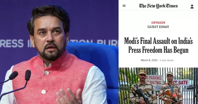 Left: Union Minister Anurag Thakur, Right: Anuradha Bhasin's New York Times's op-ed