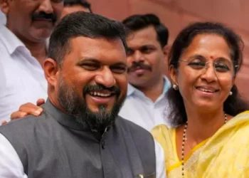 From Left: NCP MPs Mohammad Faizal and Supriya Sule outside Parliament House on Wednesday [Photo Credits: PTI]