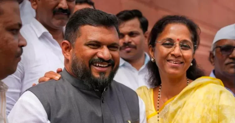 From Left: NCP MPs Mohammad Faizal and Supriya Sule outside Parliament House on Wednesday [Photo Credits: PTI]