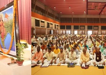 Sarsanghchalak Dr Mohan Bhagwat ji and Sarkaryavah Dattatreya Hosbale ji offering flowers to the idol of Bharatmata at Pratinidhi Sabha and  Swayamsevaks participating in the ABPS 2023