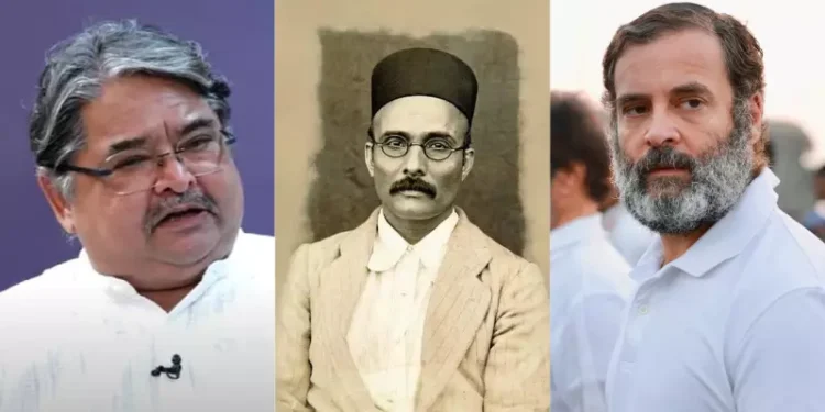From Left: Veer Savarkar's grandson Ranjit Savarkar, Veer Savarkar and former Congress MP Rahul Gandhi