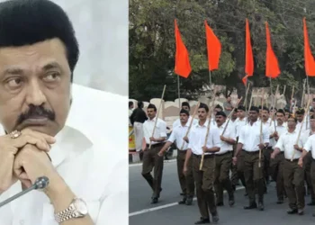 From Left: Tamil Nadu Chief Minister MK Stalin and RSS members conducting march