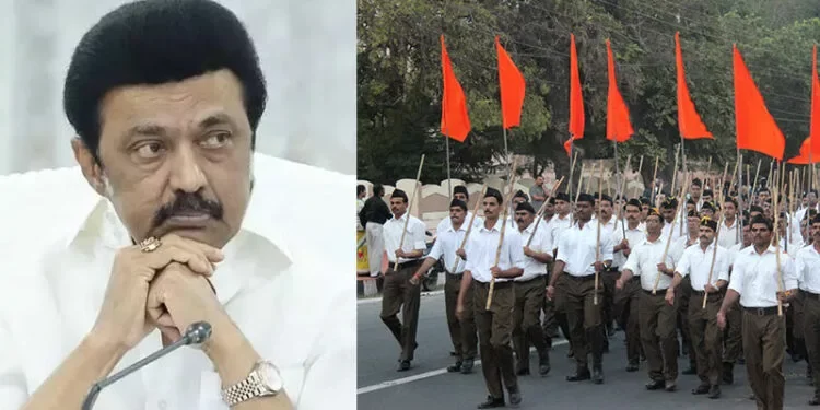 From Left: Tamil Nadu Chief Minister MK Stalin and RSS members conducting march
