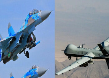 US MQ-9 Reaper drone and Russian SU-27 fighter jet