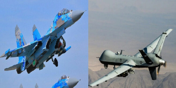 US MQ-9 Reaper drone and Russian SU-27 fighter jet
